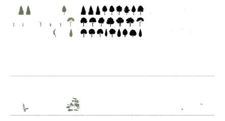 Minimalist tree silhouettes collection, set of 30 flat nature icons, green and black forest vegetation symbols for landscape architecture and mapping © Ali