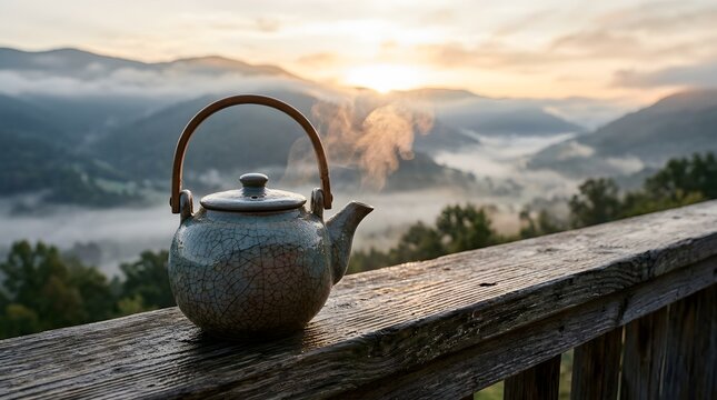 Teapot sits on a weathered wooden deck as steam rises against a misty mountain sunrise backdrop.