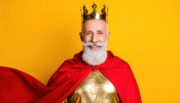 Smiling Senior Man Dressed as King with Crown and Cape.