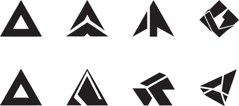 Abstract minimalist triangle logos corporate business branding elements and company visual identity solid glyph icons set with stylized geometric letter a arrowheads forward orientation shards split p