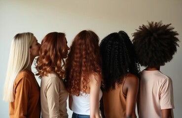 Fototapeta premium Diverse women with varied hair types stand together, showcasing natural beauty and styling. One woman gently touches another hair. This image highlights individuality and friendship.
