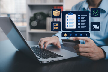 Obraz premium Order fulfillment dashboard with inventory, checklist, shipment and delivery status on virtual interface above laptop, representing logistics tracking, warehouse operations and supply chain management