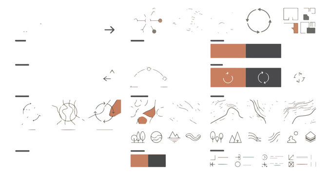 Minimalist architectural diagram elements, thin line vector icons for site analysis and urban planning, terracotta and charcoal design kit