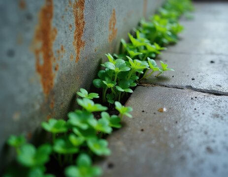 Small green plants grow in a crack between a rusty wall and paving stones. Tiny sprouts push through dirt in urban environment showing nature resilience and persistence.