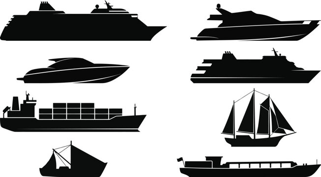 Collection of various boat and ship silhouettes including yachts sailboats and cargo vessels isolated on transparent background