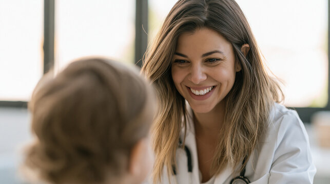 M&eacute;dica pediatra brasileira sorridente olhando com carinho para uma crian&ccedil;a durante consulta em cl&iacute;nica moderna.