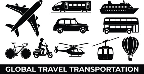 Collection of various transport vehicles in black silhouette style isolated on transparent background © najmulhusan120