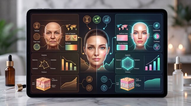 Anti aging tracking UI digital dashboard facial analysis skin care hydration elasticity firmness youthful technology data visualization beauty health wellness glowing skin interface showing facial