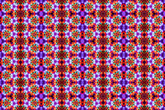 Seamless pattern of a real kaleidoscope ornament shot on camera. Natural texture with purple, violet, orange, red, blue, yellow accents for backgrounds, textiles, wallpaper, digital design. (193 chara