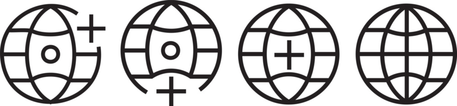 Global network icon with globe and plus symbol, containing high-quality vector illustration graphics for worldwide connection in an isolated symbol