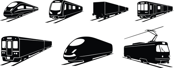 Collection of various train silhouettes including high speed commuter and freight trains isolated on transparent background © najmulhusan120