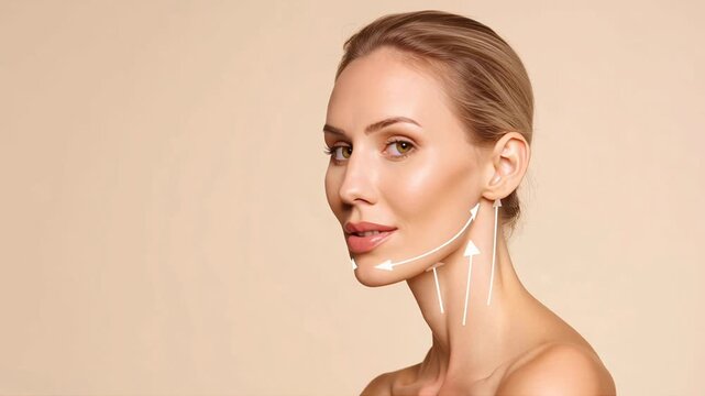 Profile view woman showing facial arrows during cosmetic consultation, patient in clinic studio, hair tied back, beige background, arrows and dots mark lifting