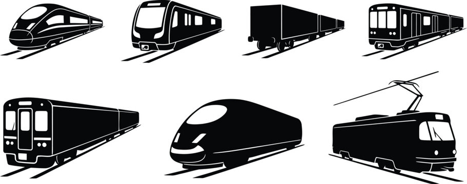 Collection of various train silhouettes including high speed commuter and freight trains isolated on transparent background