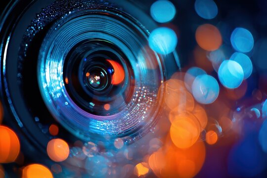 Close up camera lens with colorful bokeh lights in foreground and background.