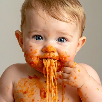 A messy baby eating spaghetti
