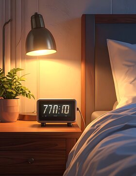 A serene bedroom scene with a digital clock on a wooden nightstand
