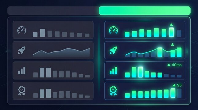 Modern dashboard interface with before and after comparison, showing performance metrics, speed, progress bars, line graphs, and glowing neon elements on dark background