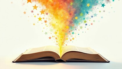 Fototapeta premium Open book emits colorful stars suggesting imagination and magic. Literature, fantasy, and creativity flow from pages. Stars sparkle and glow, bringing wonder and dreams to life.
