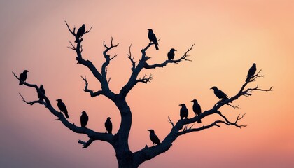 Fototapeta premium Group of crows silhouette on barren tree branches at dusk. Birds gather together against gradient sky. Twilight scene shows fauna resting at sundown.