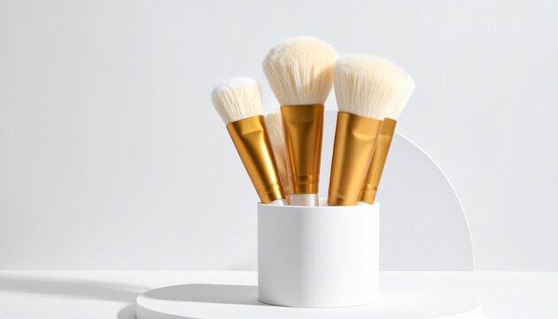 Golden makeup brushes in white holder on minimalist gray background