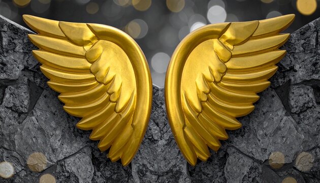 Golden wings on stone background symbolizing freedom and divinity