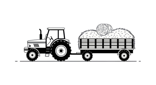Tractor pulling hay cart, agricultural vehicle, rural farm work, vector illustration
