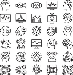 Fototapeta premium Neurofeedback Training Line Icons Set – 30 Minimal Black Outline Vector Icons for Brain Health, EEG Monitoring & Cognitive Performance