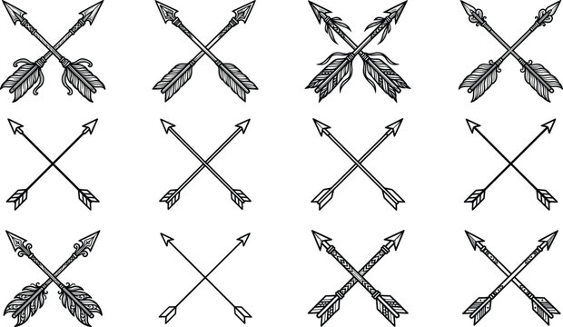 Collection of crossed tribal and line art arrow vector icons featuring vintage boho design elements for logo templates