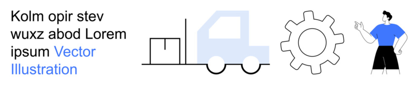 Logistics, manufacturing, workforce planning, transportation, process optimization, industrial services. A truck with cargo, a gear icon and a worker pointing. Logistics and workforce concepts