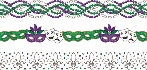 Mardi Gras Border Collection with Carnival Masks, Bead Garlands, Fleur de Lis, and Festive Parade Vector Elements Set © MdShakil