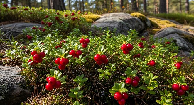 Fresh red lingonberry berries growing on a green bush in a sunny forest during the summer season. american bearberry 
