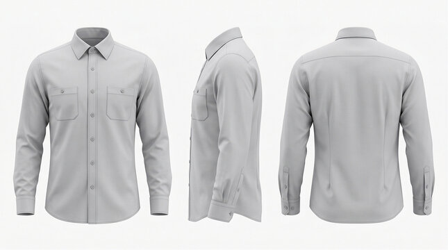 Shirt mockup displays a professional light gray button-down garment from front, side, and back perspectives to provide a comprehensive visual representation for apparel design and retail branding.
