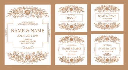 Fototapeta premium Elegant Wedding Invitation Stationery Suite Template Set with Floral Botanical Borders and Vintage Gold Line Art