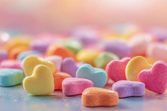 Bright candy heart background for Valentine&acirc;&euro;&trade;s Day with scattered colorful hearts on a soft pastel surface