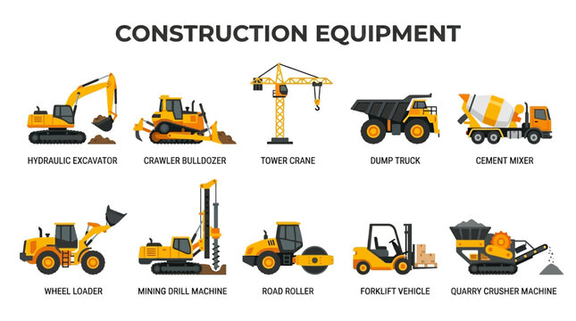 Flat Construction and Mining Heavy Equipment Icons Set with Industrial Machinery on White Background