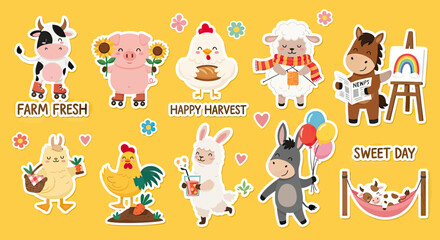 Naklejka premium Cute Farm Animal Sticker Set Featuring Kawaii Cow, Pig, Sheep, Horse, and Chicken Characters for Kids and Scrapbooking