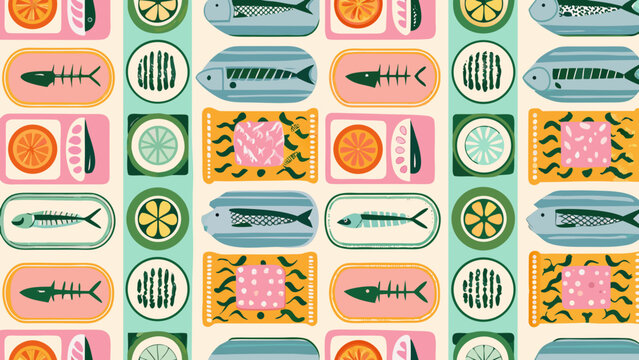 repeating pattern of fish skeletons citrus slices and seafood in a retro style