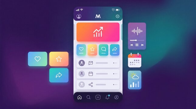 Minimal clean UI aesthetic mobile app interface gradient background colorful icons modern dashboard user profile navigation bar interactive elements digital design technology