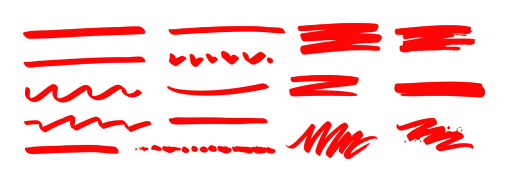 Red Squiggle Brush Scribble Underline. Marker Pen Emphasis Highlight Red Swoosh Stroke. Vector Swoosh Brush Underline Set Accent, Marker Emphasis Squiggle Element. Vector Illustration 