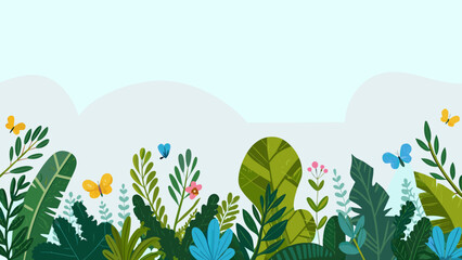 Fototapeta premium floral meadow illustration with green foliage blue flowers and yellow butterflies on a light background