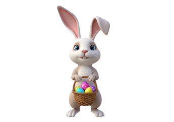 Obraz premium Cute white bunny rabbit holding a basket full of colorful easter eggs isolated on transparent background