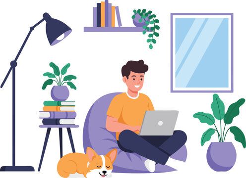 Illustration of a man working on a laptop in a cozy home office