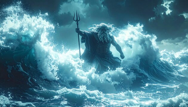 Powerful God Neptune Emerges from Crashing Ocean Waves Holding Trident.