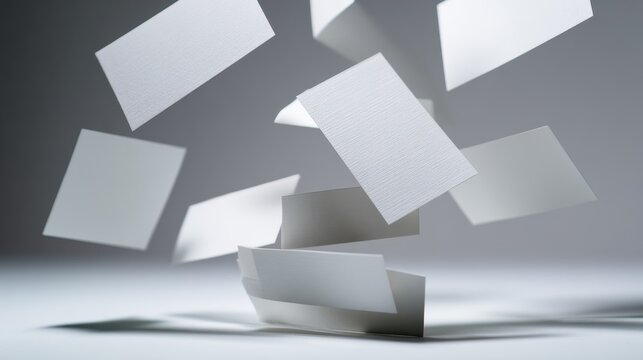 Cascade of White Blank Cards in Free Fall Over a Grey Studio Backdrop