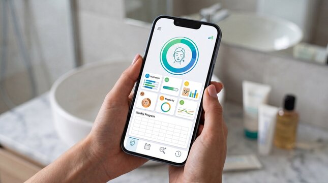 Skin analysis dashboard hydration level skin health beauty app mobile phone bathroom skincare routine digital technology wellness progress tracking modern lifestyle healthy skin