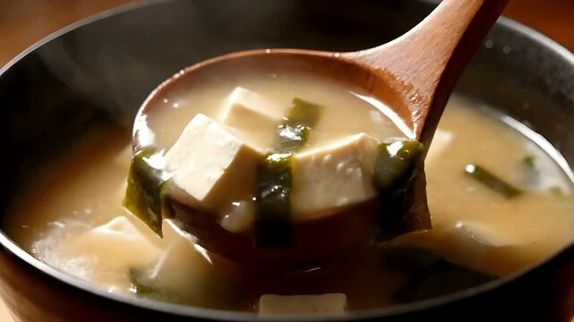 Delicious Miso Soup with Tofu and Wakame Seaweed Being Served in a Bowl.