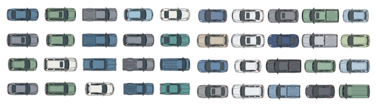 Top View Car and Pickup Truck Vehicle Flat Vector Set for Architectural Floor Plans