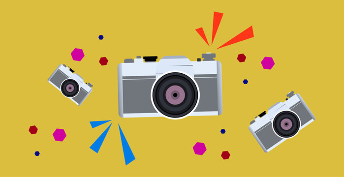 Three digital cameras floating with colorful shapes