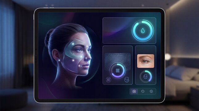 Facial analysis dashboard digital interface woman face scan biometric technology skin hydration pore analysis futuristic design glowing elements modern tablet display