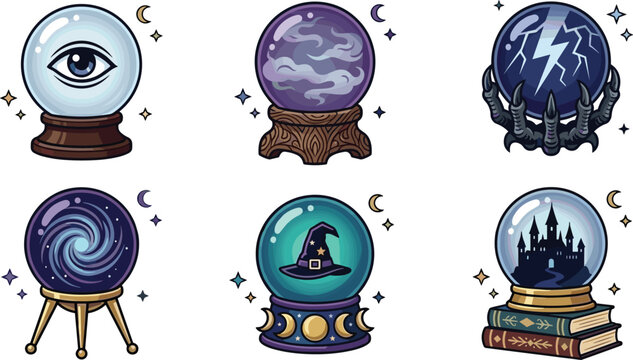 Mystical Crystal Ball Collection with Witchcraft, Magic Orbs, Celestial Fantasy, and Fortune Teller Vector Elements Set